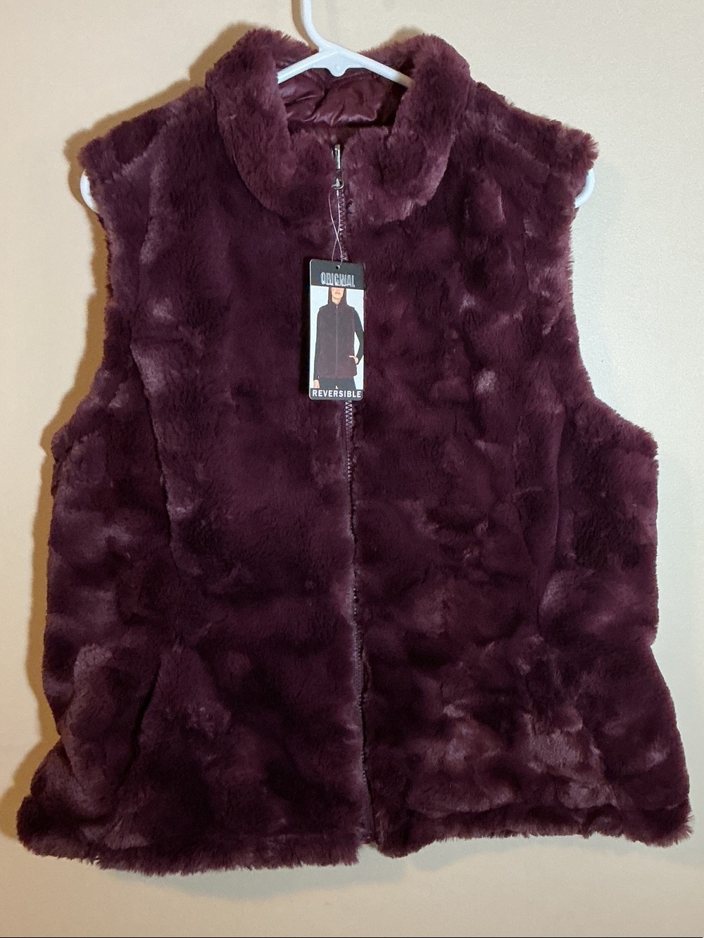 Nicole Miller Original Reversible Faux Fur Vest Burgundy Women’s Large NWT